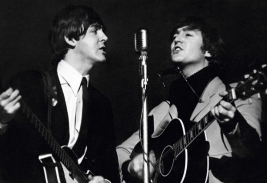 Paul McCartney and John Lennon Rehearse for a TV special at Wembley Studios, April 1964