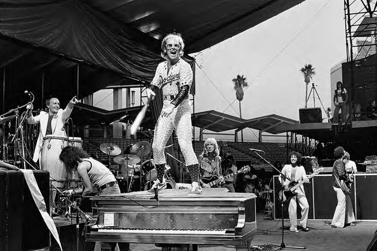 Elton John Rehearsing on Top of His Grand Piano, Dodger Stadium, 1975
